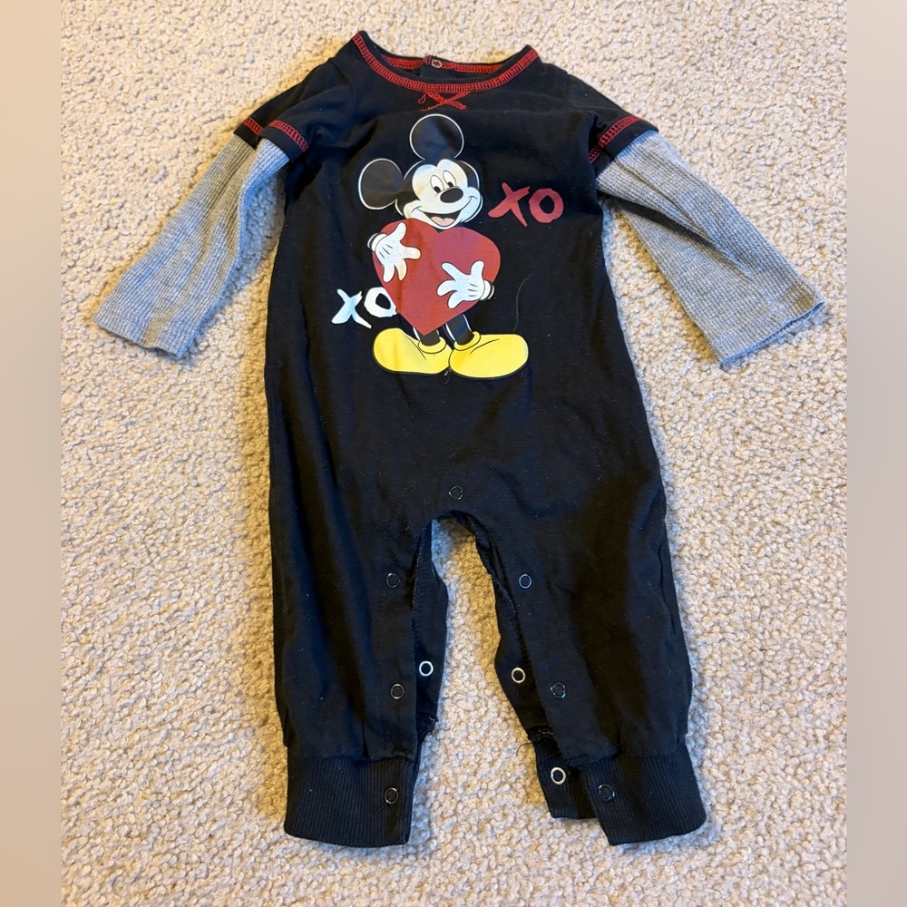 Disney Black Mickey Mouse Heart Footed Romper with Gray Layered Sleeves